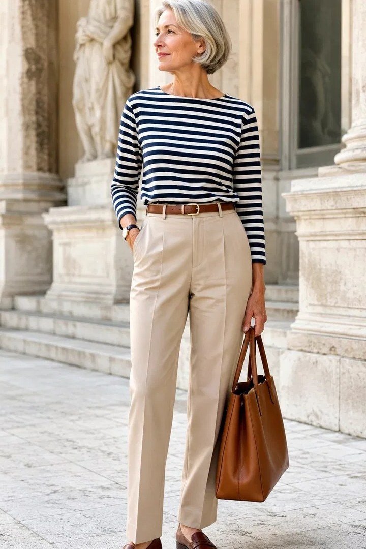 Striped Top with Beige Chinos - business outfit for women over 50