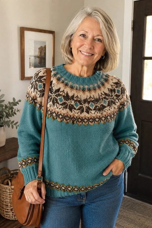 Teal fair-isle yoke sweater with jeans and tan crossbody bag, cozy sweater outfit idea for women over 70