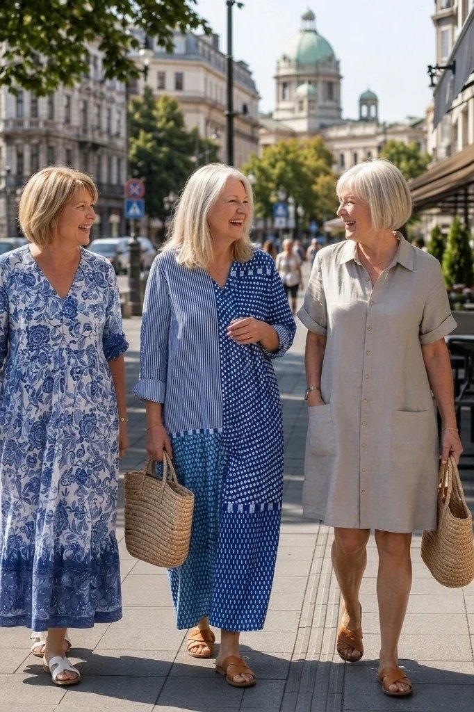 Three middle-aged women in blue patterned and solid midi dresses walking on a city sidewalk - summer dress for women over 50