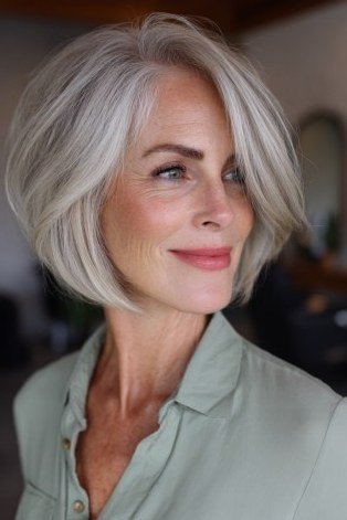 Silver bob front view, sage shirt, short layered bob hairstyle for women over 60