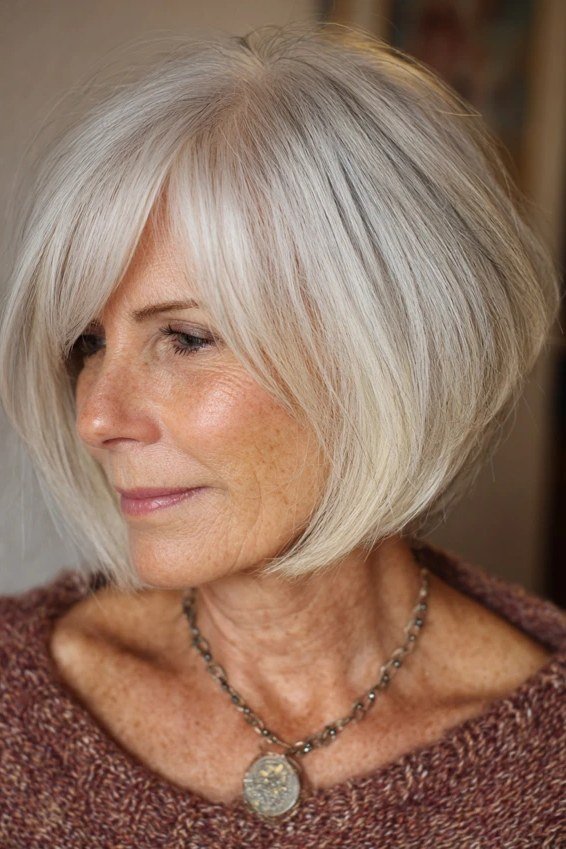 White french bob with side-swept fringe and rust knit sweater
