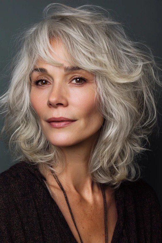 Wavy silver shaggy bob with soft layers, front view, wavy silver layered bob for women over 50