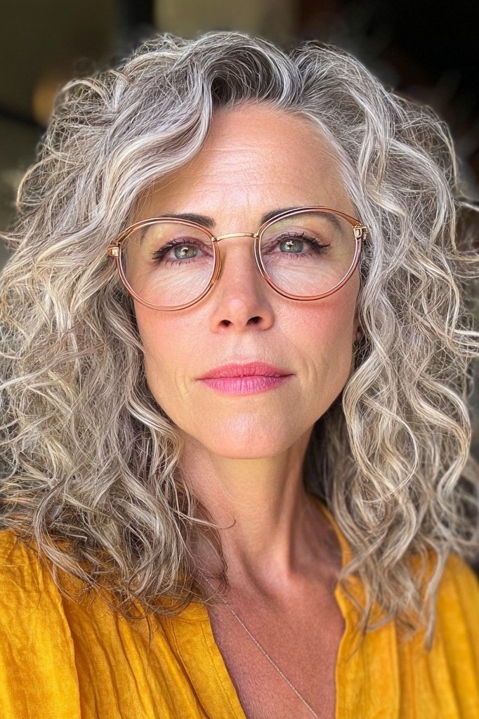 Curly Silver Shoulder Hair with Glasses - grey shoulder length hairstyle for women over 60