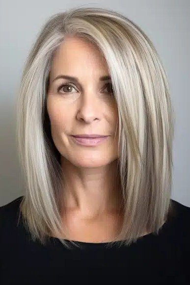 straight silver lob with center part for women over 50