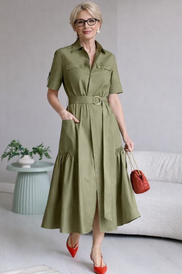 olive shirt dress with red heels for women over 60