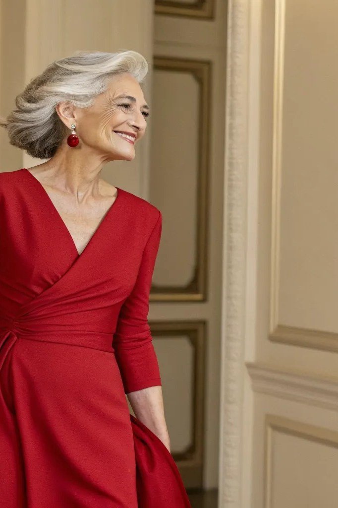 Red wrap midi dress for women over 50, fall date night outfit