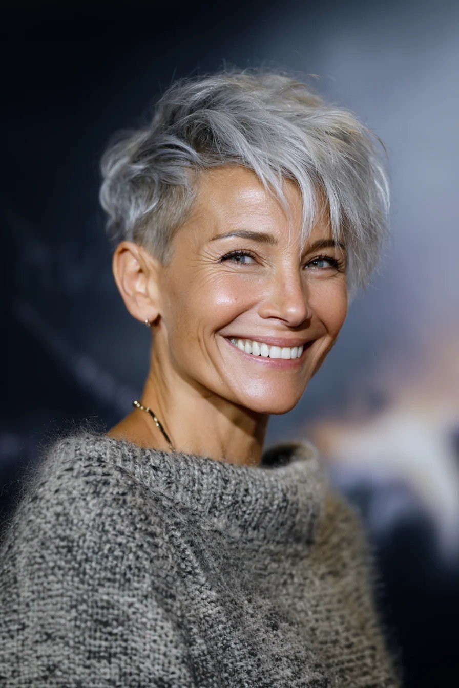 Silver pixie, front view, smiling - wispy hairstyle for women over 40