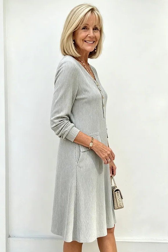 light gray ribbed knit midi for women over 60