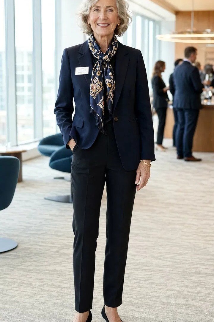 Navy blazer patterned scarf dark trousers, older woman at conference - business casual work outfit for women over 50