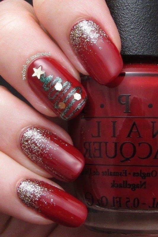 Red glitter with Christmas tree accent nail - Christmas nail design for older women