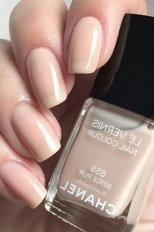 Beige nude square nails with Chanel bottle
