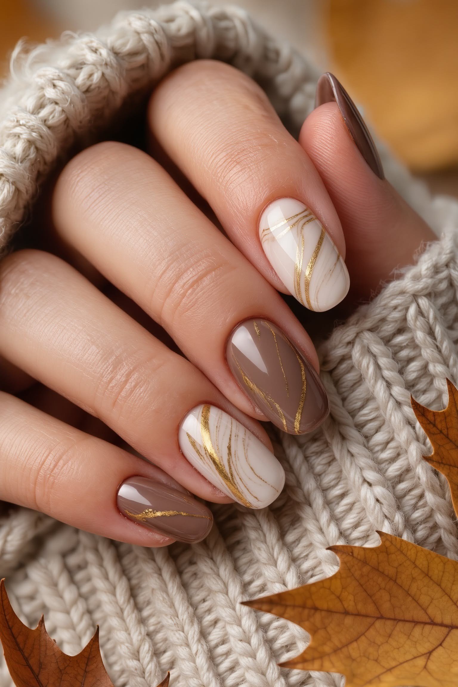 Taupe nails with marble accent and fall leaves, fall nail design for older women
