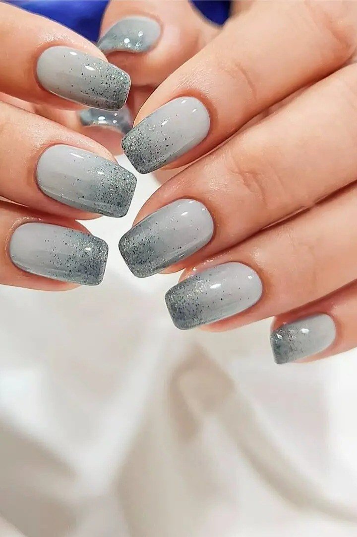 Gray ombre with glitter tips, medium nails, ombre nail design for women over 60