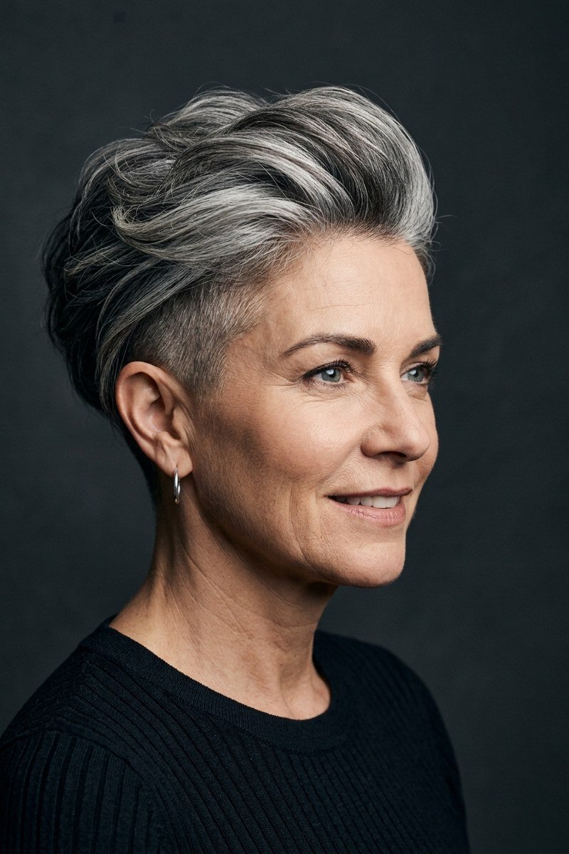Silver pompadour pixie with height at front