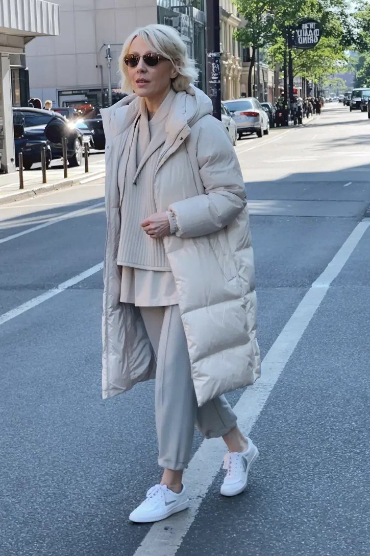 Stylish winter outfit for women over 60: cream long puffer coat over gray lounge set on a city street
