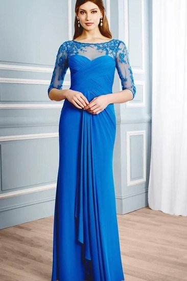 Royal-Blue Lace Long-Sleeve Gown - evening outfit for women over 60