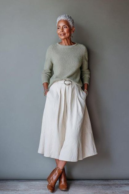 Sage Sweater and White Skirt outfit for women over 70, chic style idea 24