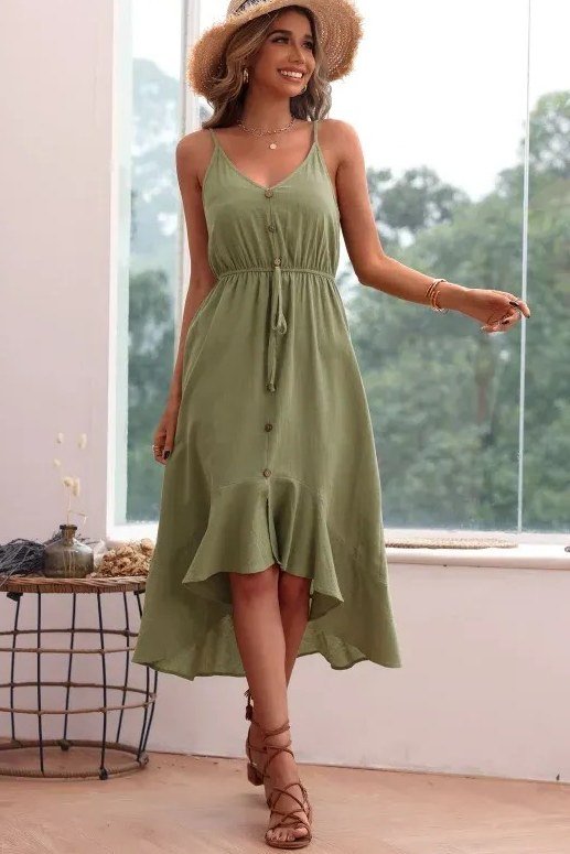 Olive green dress with straw hat for women over 70