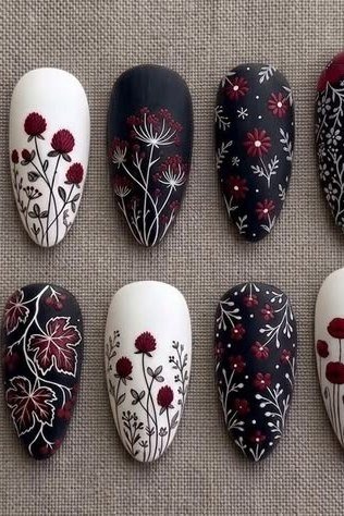 Black white press on nails with burgundy botanical art for women over 50