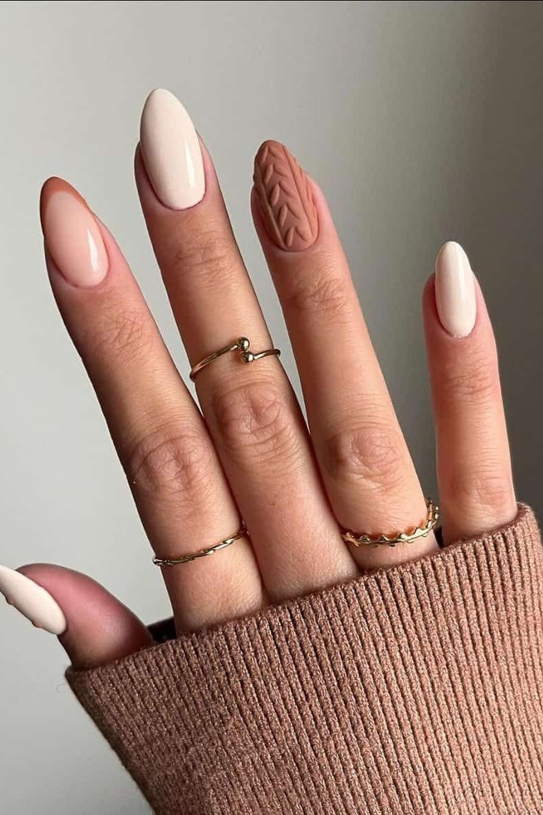 Nude sweater knit nails, fall nail design for women over 60