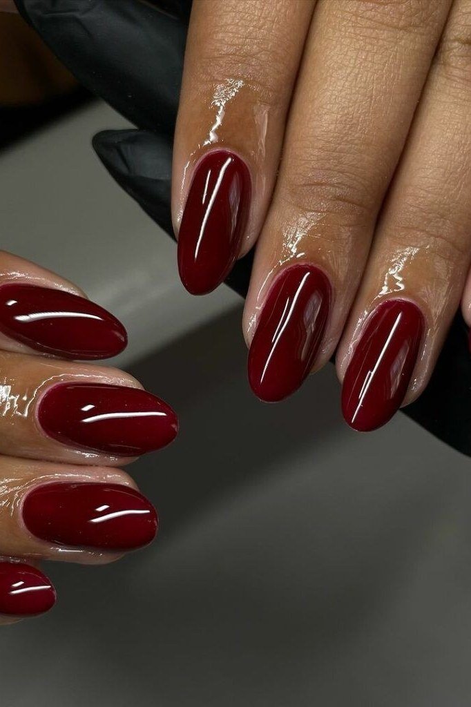 Classic red glossy almond gel nails, timeless fall red manicure