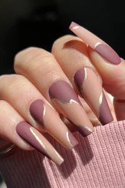 Mauve French Coffin Nails with Gold Swirls, elegant mauve nail idea for women over 60