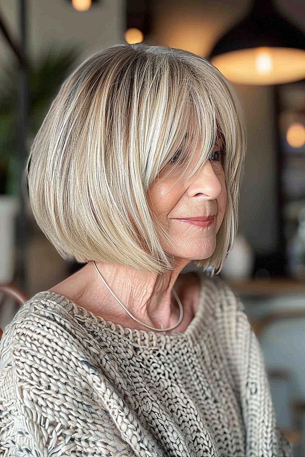 Silver layered pixie haircut for women over 70, front view