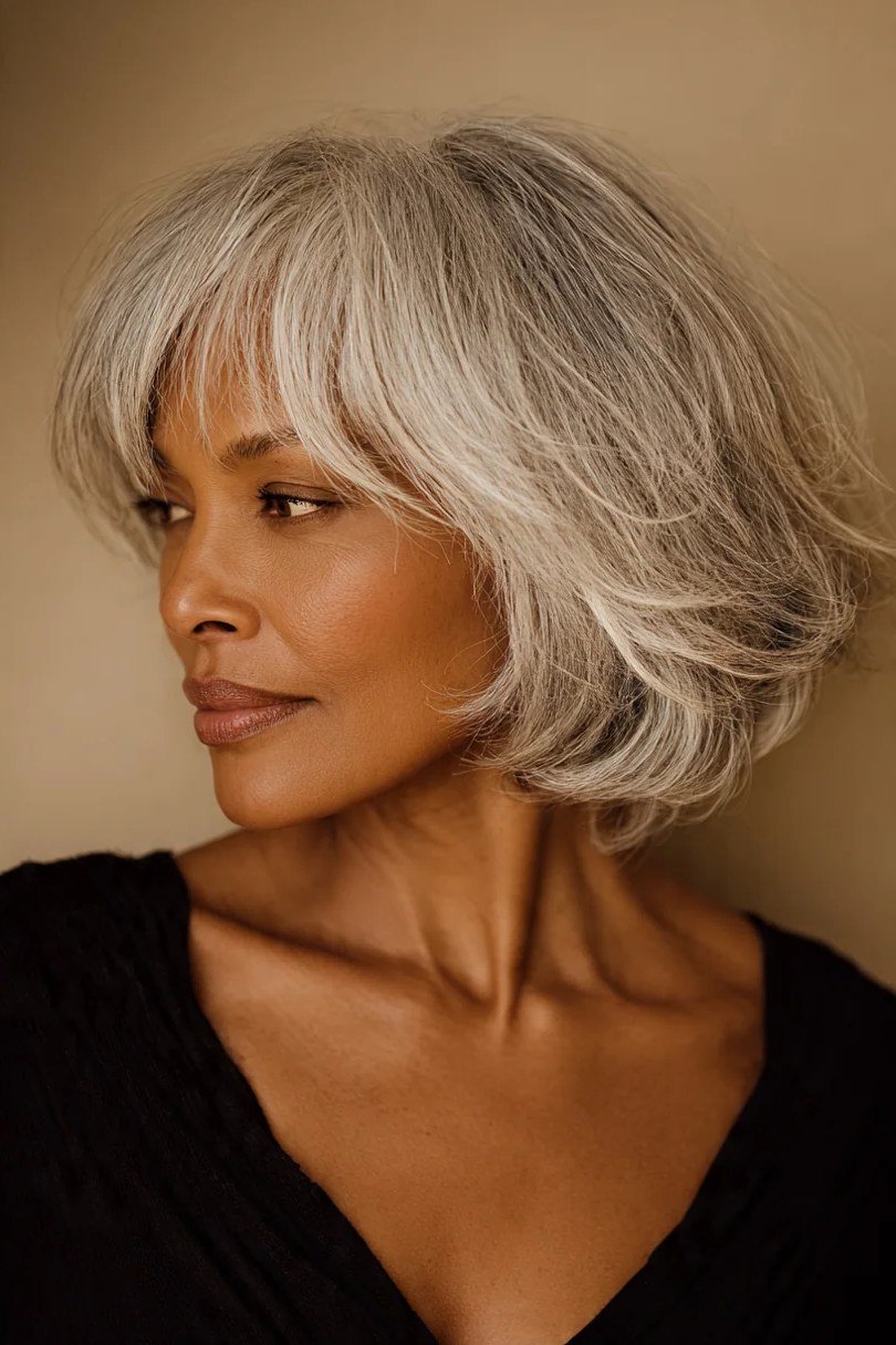 White shaggy bob with piecey fringe for women over 60, front view
