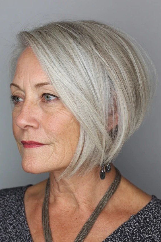 sleek silver bob with clean lines, side profile