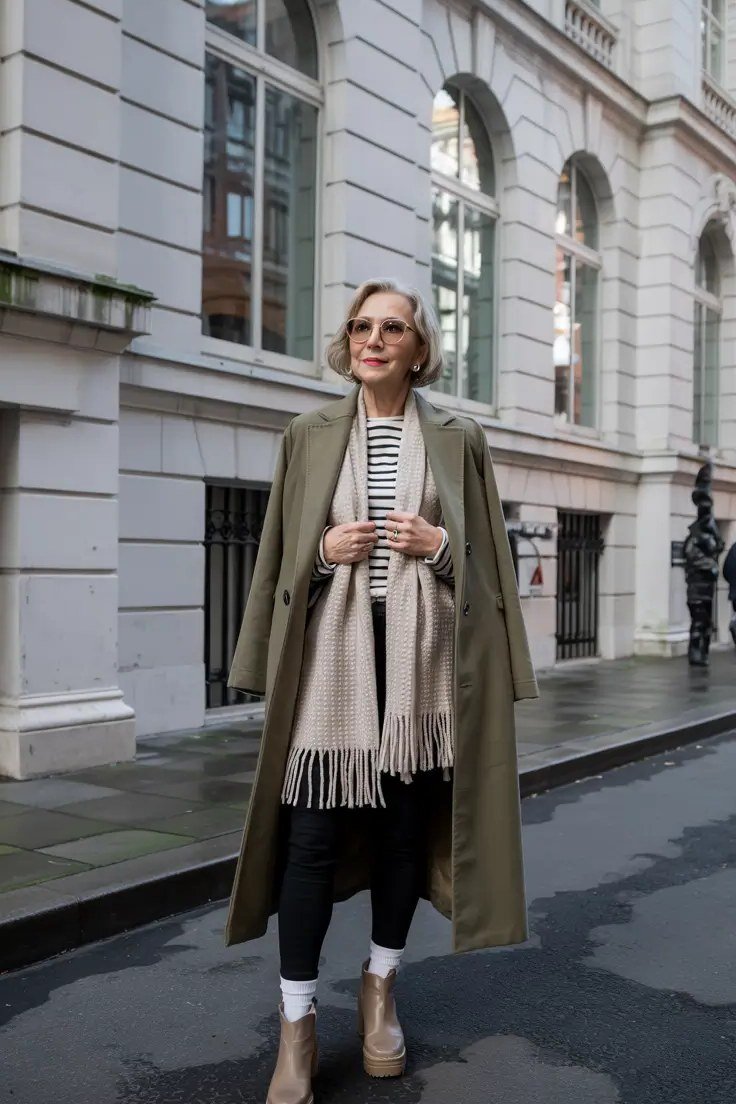 olive coat with a fringe scarf fall outfit for women over 60