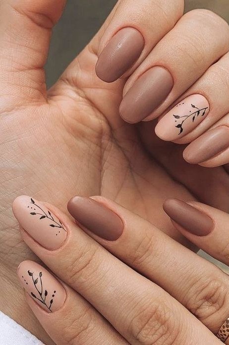 Taupe with Branch Line Art - elegant nail art idea for mature hands, women over 50