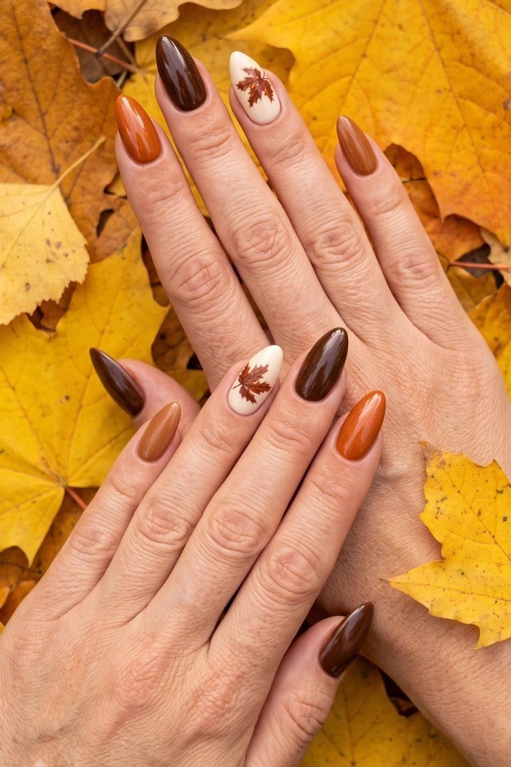 Warm Brown Nails with Fall Leaf Art, chocolate brown fall nail design for women over 60