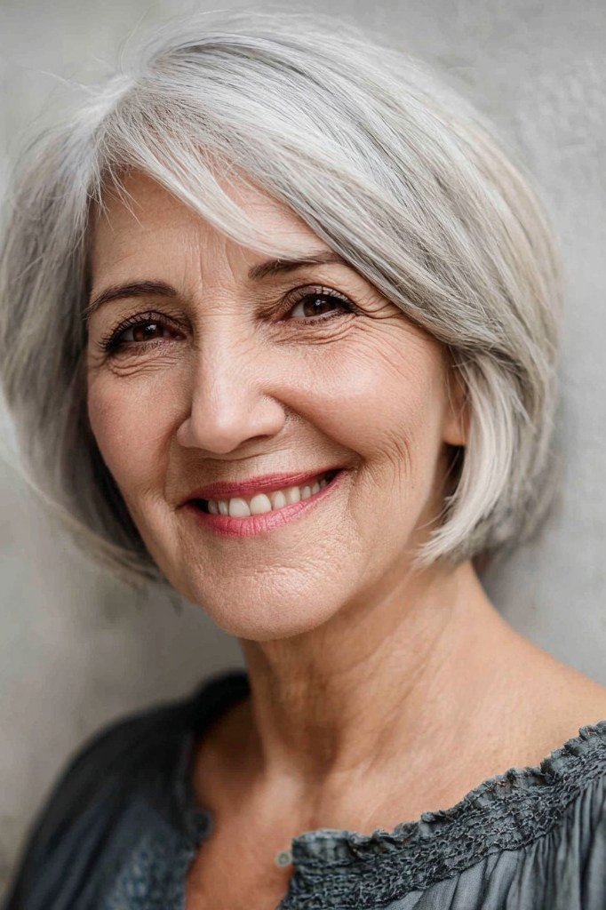 Silver chin-length bob, smiling, timeless hairstyle for women over 70