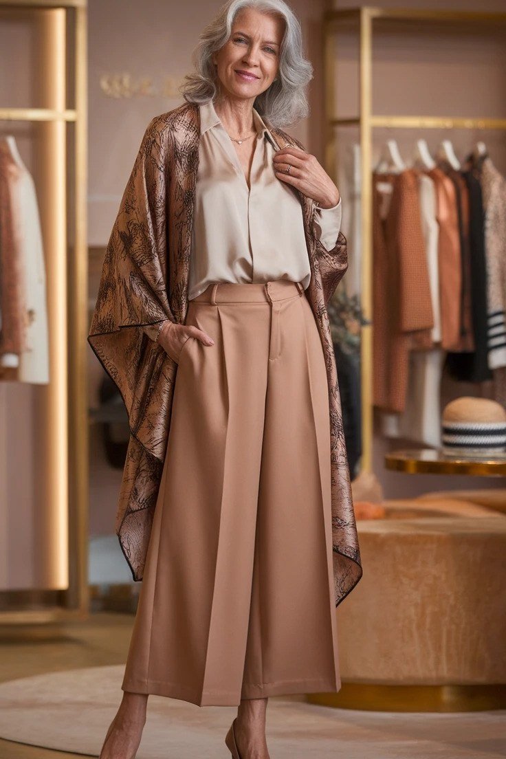 Fall city outfit for women over 50: champagne blouse beige wide leg trousers