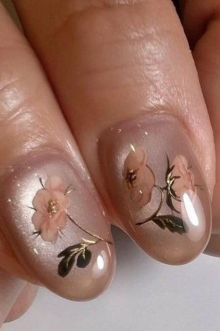 Peach Floral Close-Up Nails - nude nail art idea for women over 40