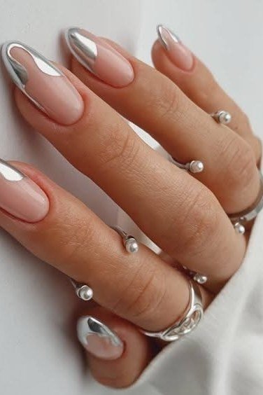 Silver Chrome French Tips with Rings - chrome nail designs for women over 60