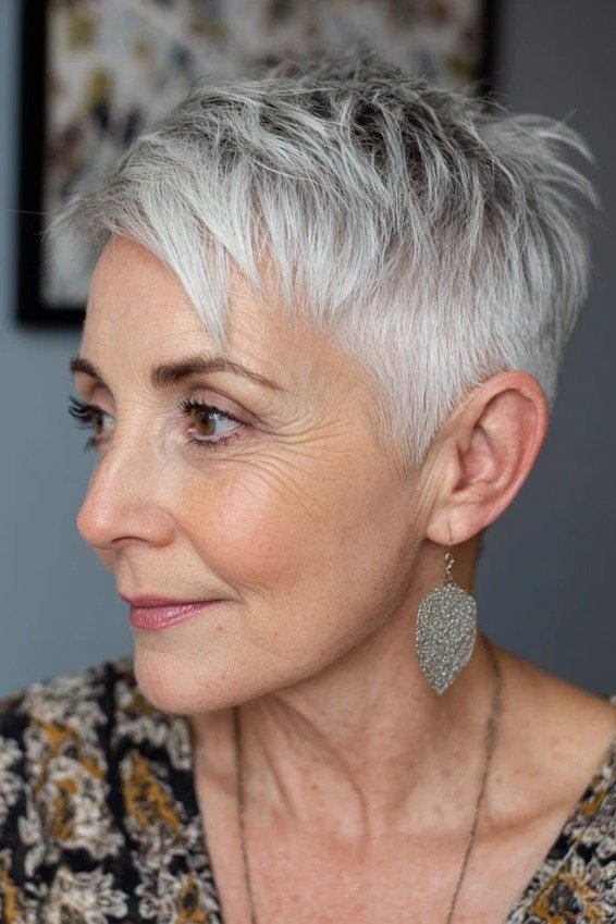 White wispy pixie with soft bangs and gold earrings