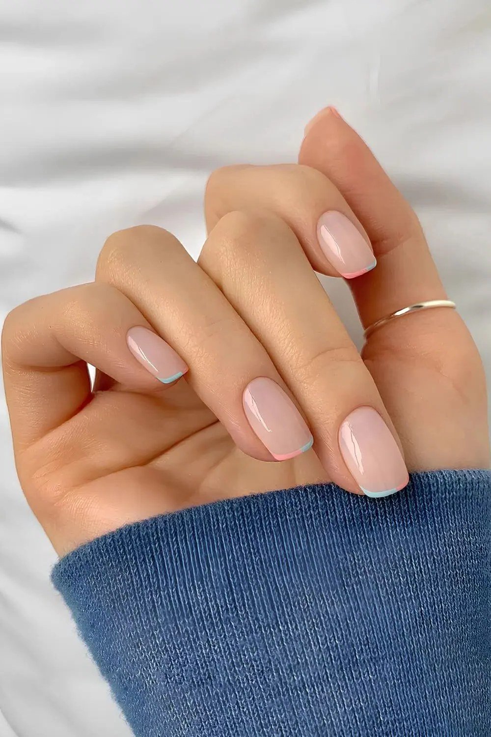 Cozy Sweater Pink - micro french manicure with ultra-thin tip line, elegant nail design for women over 50