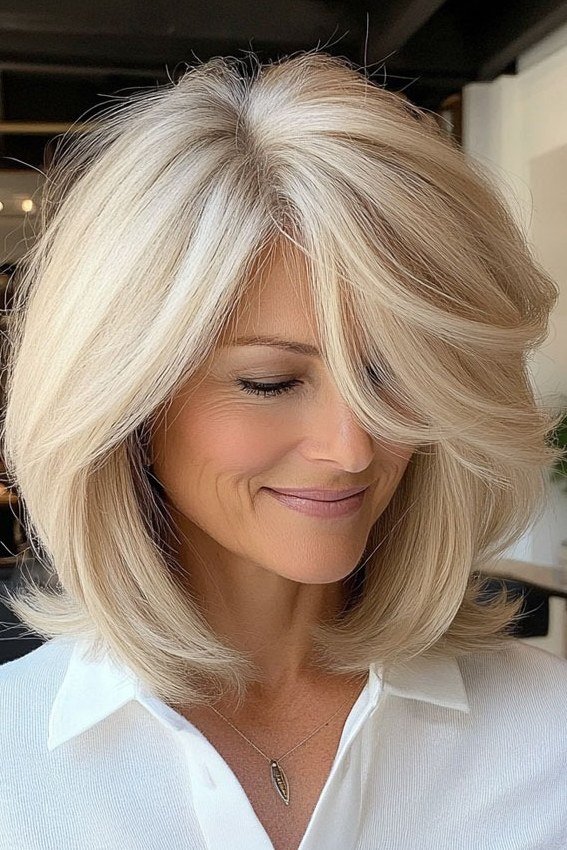 platinum bob with bangs, front view — chin-length layered bob hairstyle for women over 50