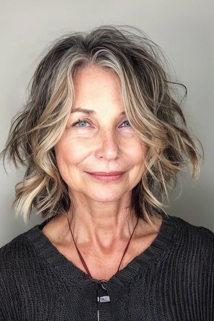 blonde textured bob soft curls side part - textured bob haircut idea for women over 60