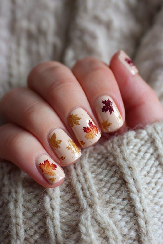 24. Cream Nails With Gold Maple Leaf Art - Thanksgiving nail art idea for women over 50