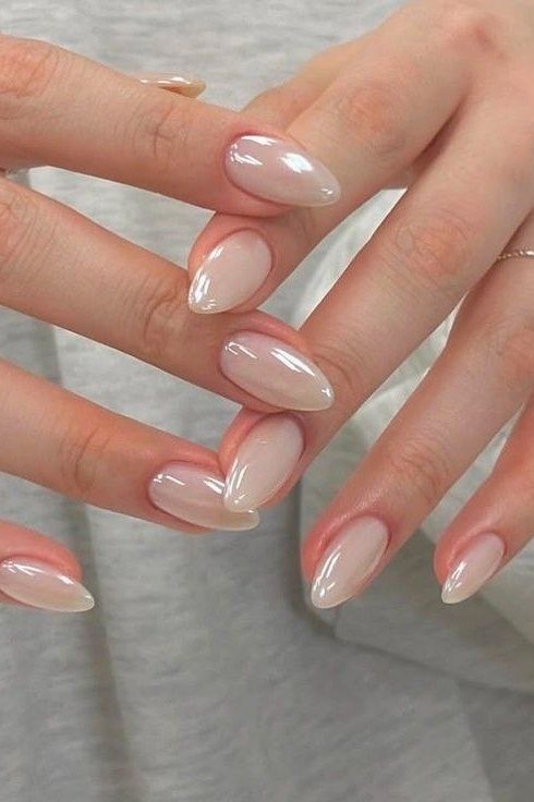Nude Pearl Almond Nails - pearl finish nail idea for women over 60