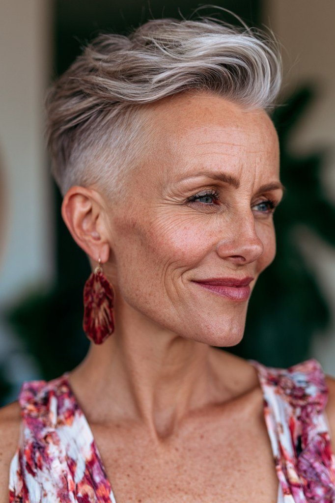 Silver Pixie with Red Earring Pop - bold edgy pixie haircut for women over 50