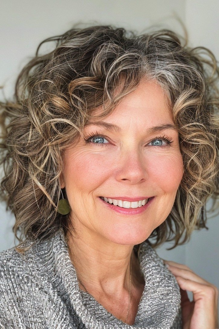 Salt-and-pepper curly lob on smiling older woman, front view
