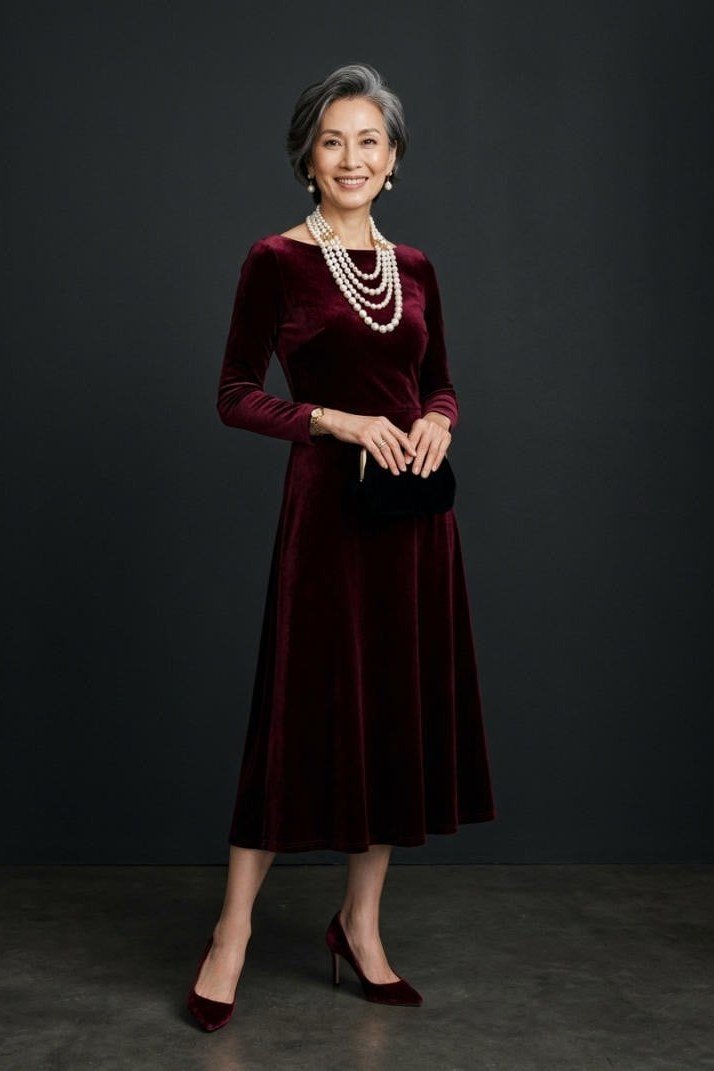 burgundy velvet midi dress with layered pearls