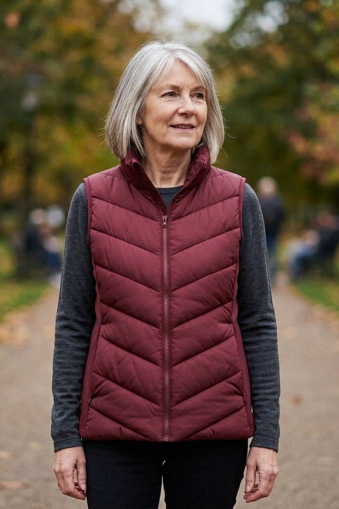 Burgundy quilted vest outfit for women over 60
