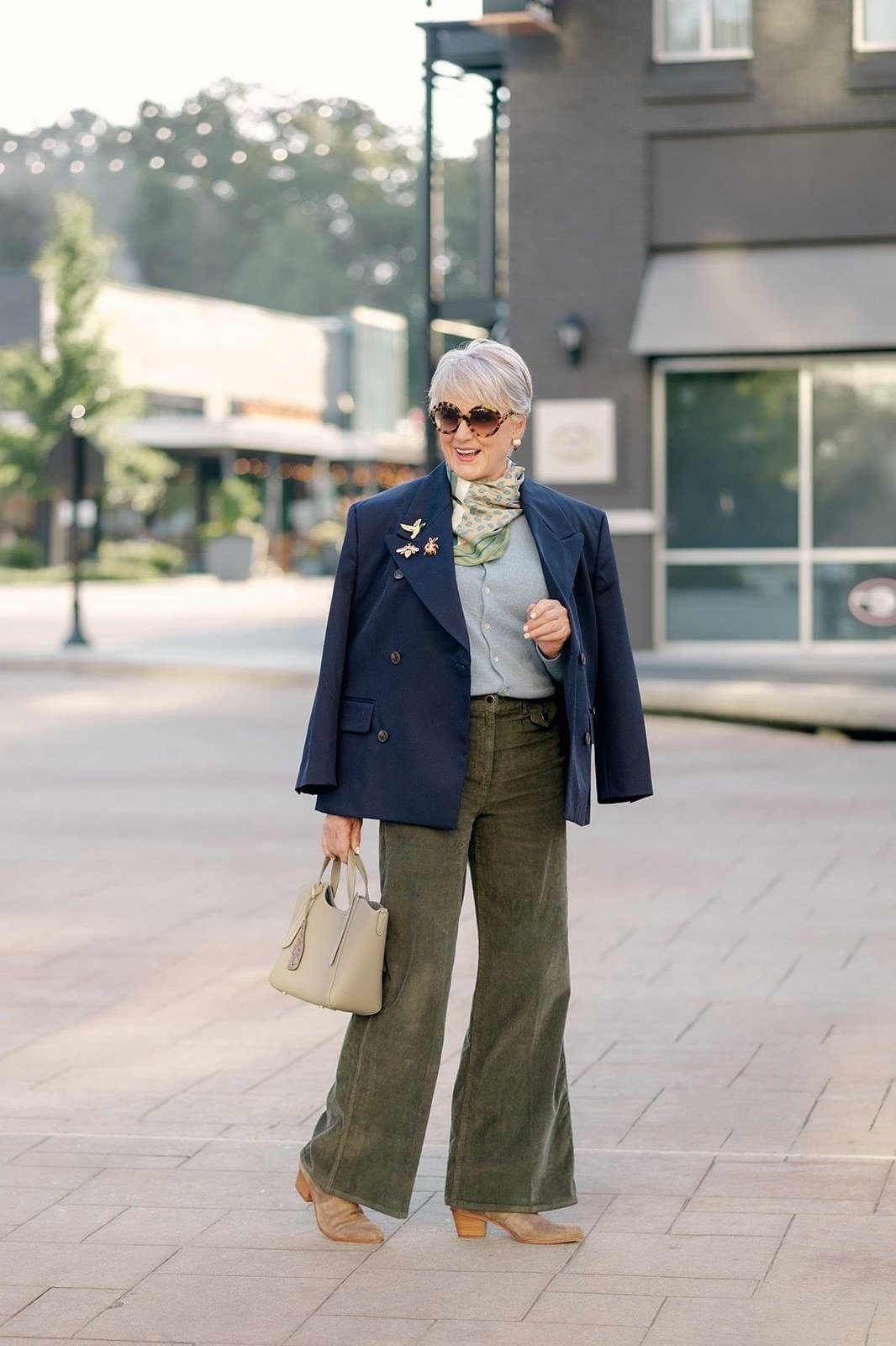Navy Blazer with Olive Wide-Leg Trousers on a woman over 50, fall outfit idea