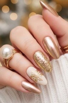 Champagne gold and gold glitter nails - classy Christmas nail idea for women over 70