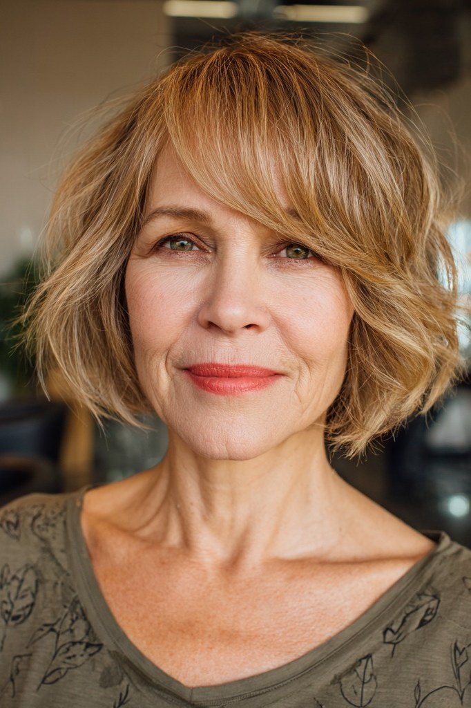Copper Layered Bob with Bangs - trendy layered bob hairstyle for women over 50