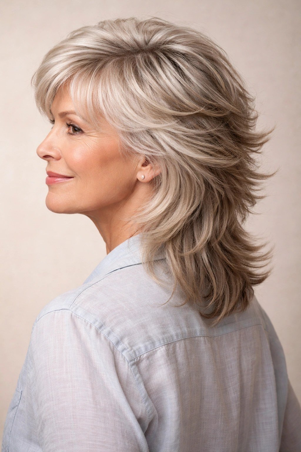 Layered blonde shag haircut on an older woman in profile, medium hairstyle for women over 60